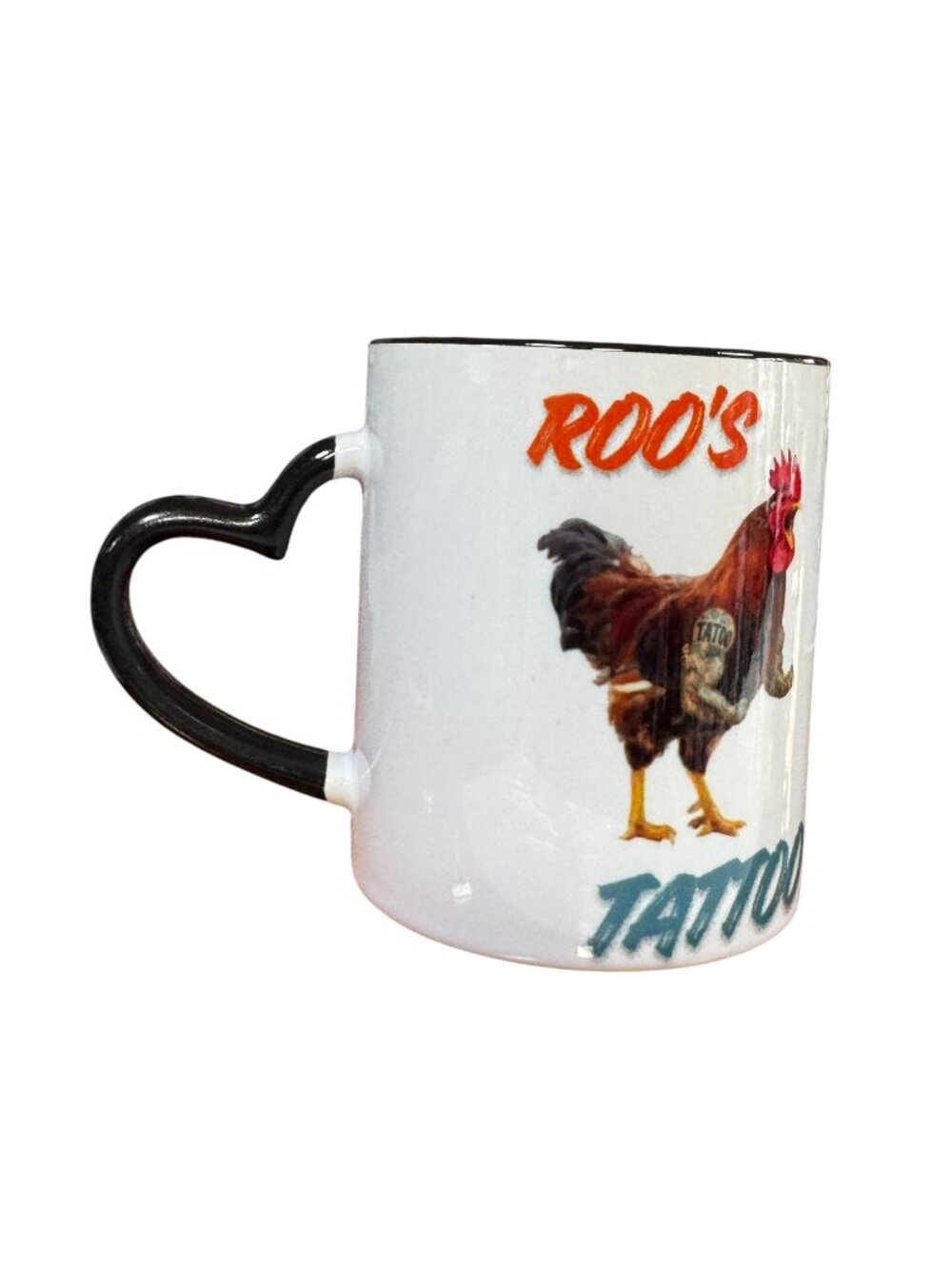 Roo's Tattoo Ceramic Coffee Mug11.OZ, Funny Rooster Design, Black Heart Handle,